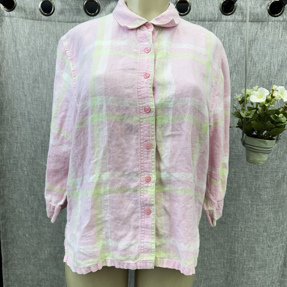 Goodclothes Women's 100% Linen Pink Plaid Button Up Shirt Long Sleeves Petite L